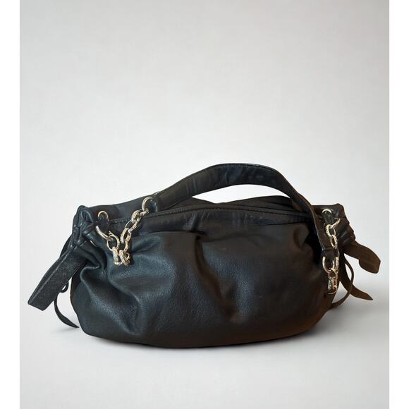 Laundry by Shelli Segal Black Leather Shoulder Bag with Silver Chain Strap - Picture 1 of 9